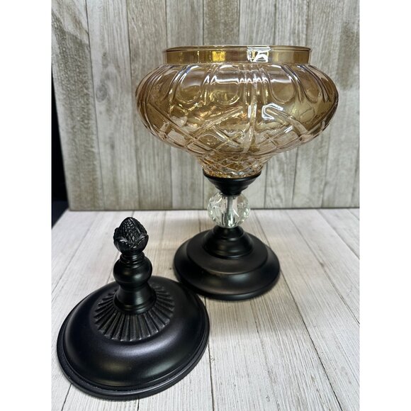 Vtg Decorative Brown Amber Swirl Glass Bowl W/Metal Pedestal & Lid 12.5" Tall - Picture 6 of 14